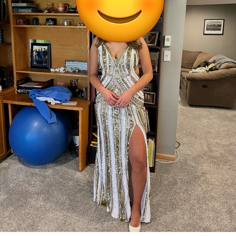 Sherri Hill White and Gold Beaded Backless Evening Gown